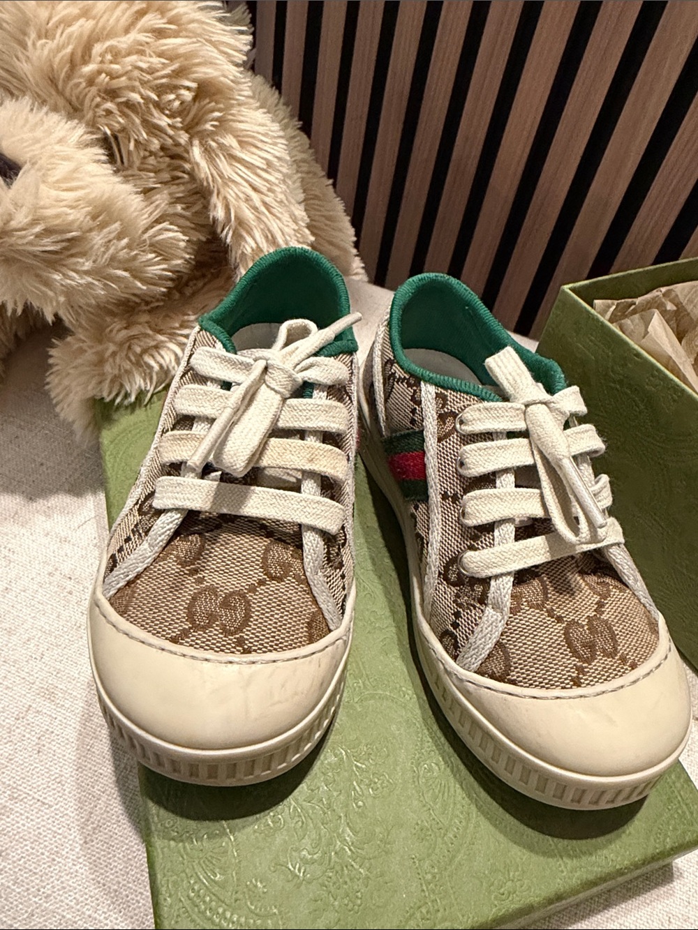 Gucci Kids Brown GG Canvas Sneakers with Green Interior and Red/Green Stripe